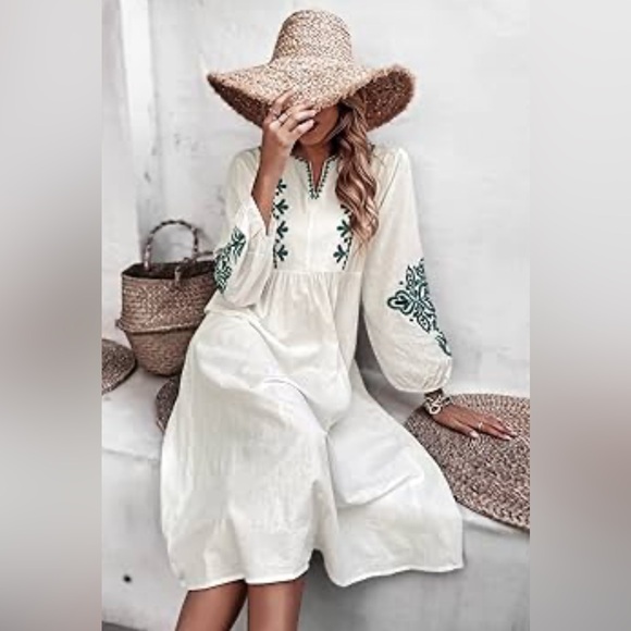 White Midi Dress with Green Embroidery - Picture 1 of 6